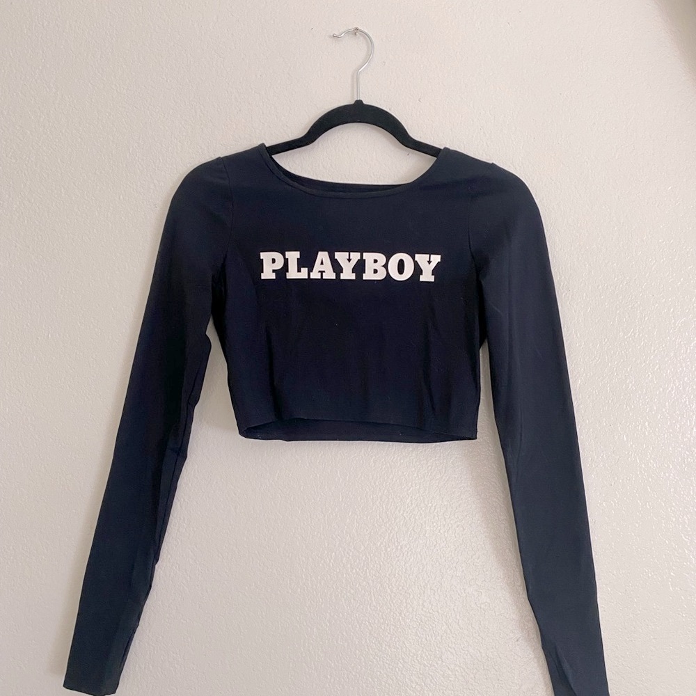 PLAYBOY by PacSun - Black Long Sleeve Fitted Crop Athletic Top, Size S